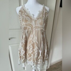 Lace Overlay Romper in Cream and White
